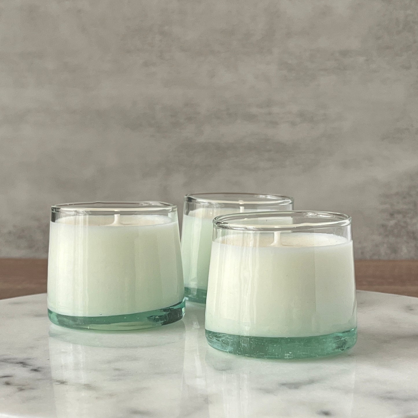 Trio of Moroccan Glass Votive-size Soy Candles